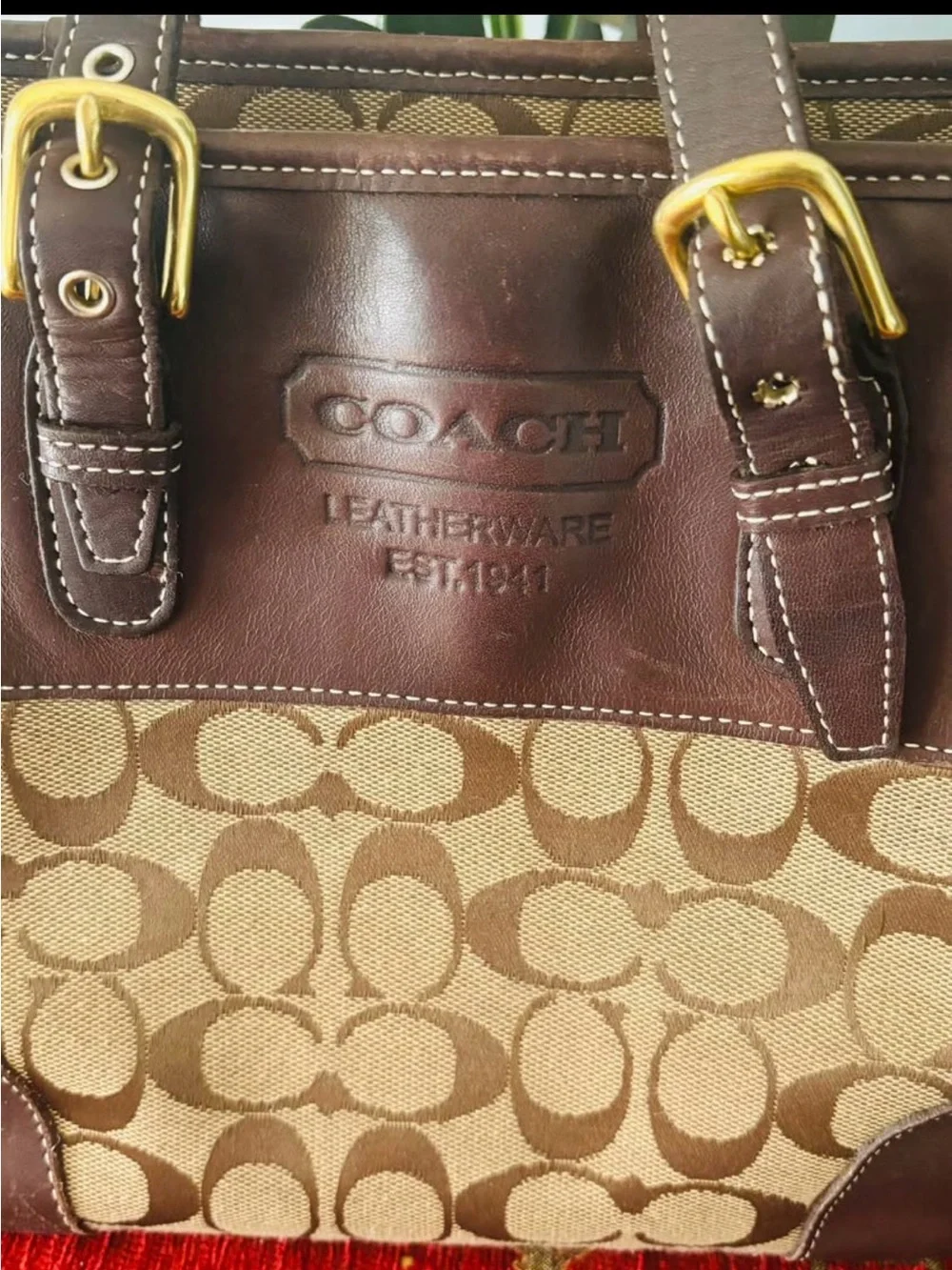 COACH Tan and Brown Signature Canvas Tote with Leather Trim - Picture 4 of 9